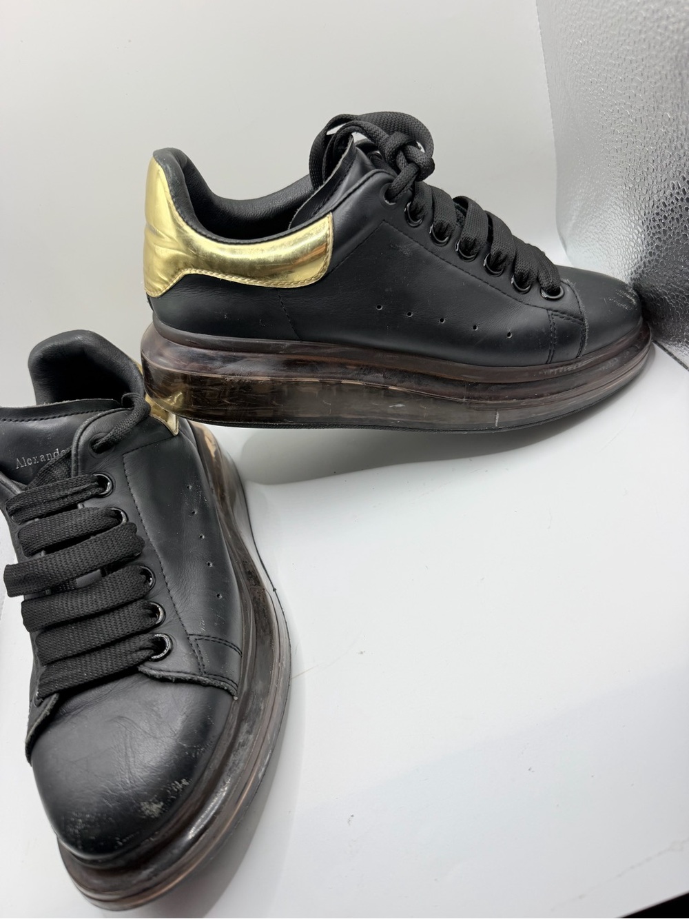 Alexander McQueen Black Leather Platform Sneakers with Gold Heel Tab